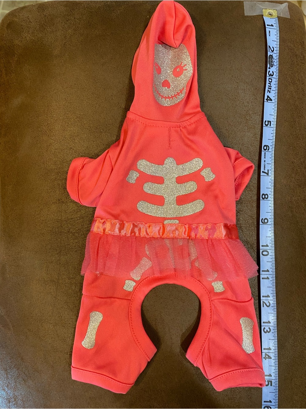 Martha Stewart Coral Pink Glitter Skeleton Dog Hoodie Onesie with Tulle Skirt